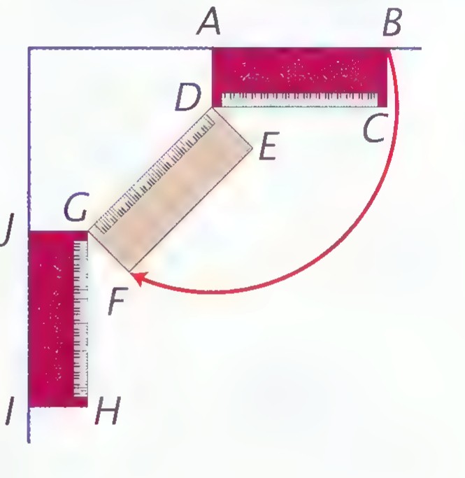 Overhead plan of a room corner showing a piano at the top wall with corners A, B, C, D, its position after a quarter turn with corners E, F, G, H, and a red curved arrow showing the swing.