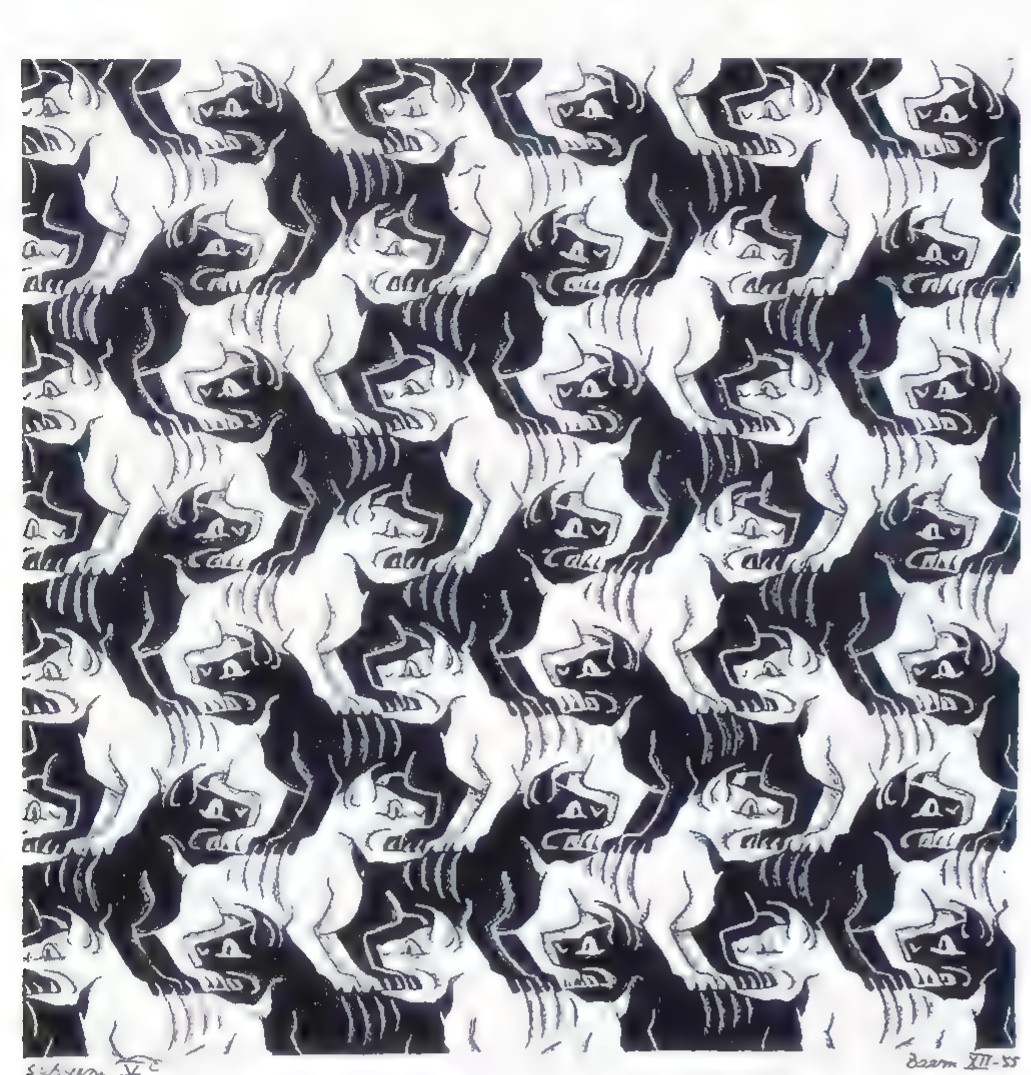 Escher mosaic of interlocking black and white bulldogs, each row shifted so that the dogs fit head to tail.