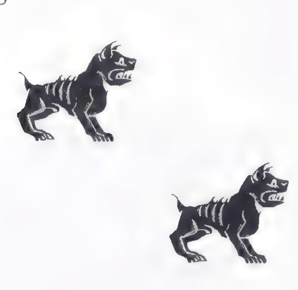 Two black-and-white bulldogs, one above the other, facing opposite directions.