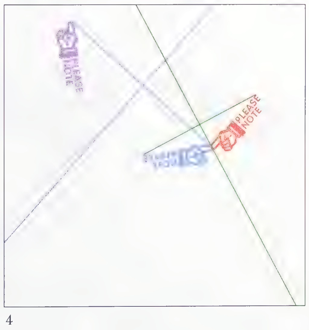 Figure 4: the second sheet after two folds, showing crease lines and a faint blue third impression between the red ones.