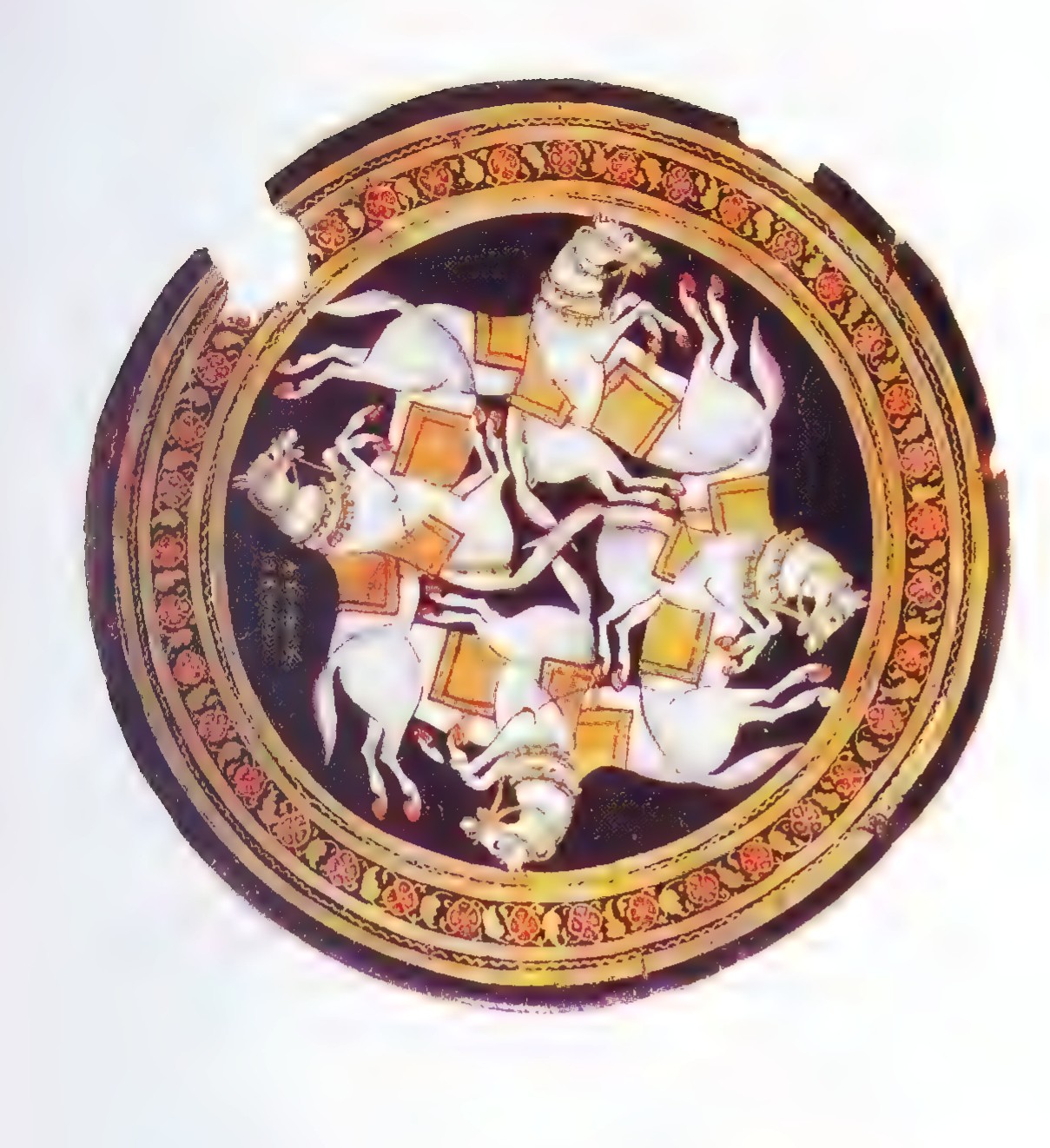 A Persian ceramic plate painted with five white horses and riders in a ring, the design repeated every quarter turn.