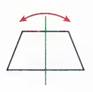 An isosceles trapezoid with a vertical green line through its center and two red arrows curving in opposite directions.