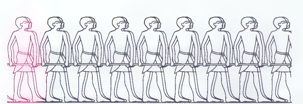 A row of nine identical outline figures walking to the right, the leftmost one coloured red.