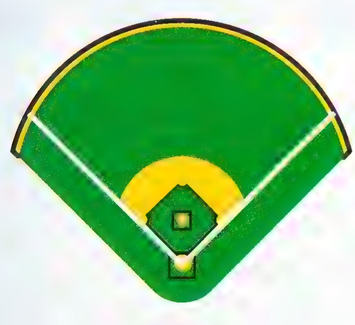 Overhead view of a baseball field, with the green outfield, tan infield, and white foul lines.
