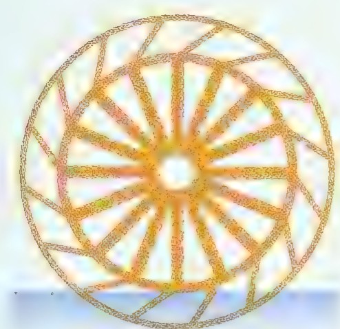 Drawing of a water wheel with a rim of buckets and many spokes radiating from a central hub.