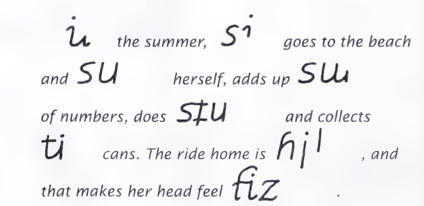 The short story set in large handwritten letters, with the missing parts of several words supplied by 180°-rotated letter shapes so that each word must be turned to be read.