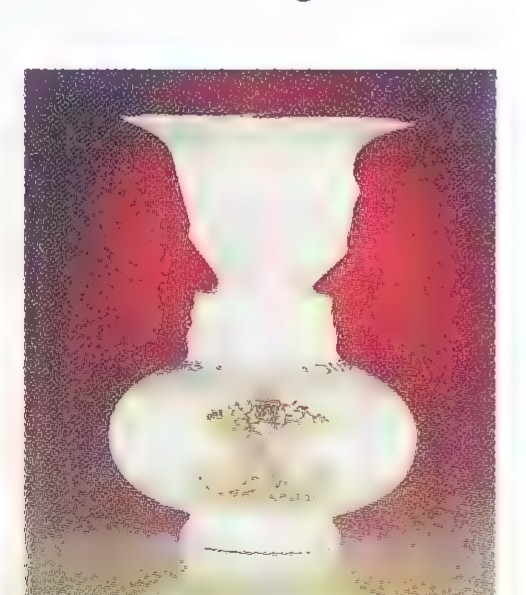 Photograph of a white vase against a red background; the vase’s profile forms two facing human profiles.
