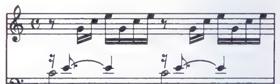 One measure of music on a grand staff, with a treble and a bass clef and four sixteenth-note figures.