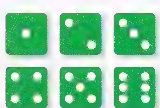Six green dice faces showing one, two, three, four, five, and six white pips.