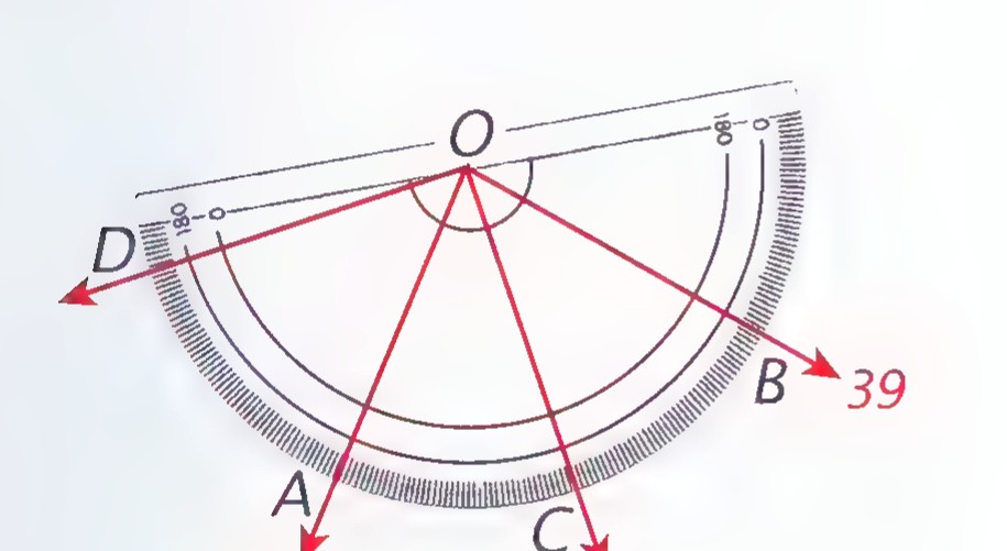 A protractor centered at O, with rays OA and OB at coordinates 123 and 39, and an angle bisector OC. Ray OD is also drawn.