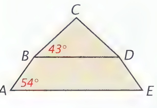 Side view: isosceles trapezoid ABDE with isosceles triangle BCD on top. Angle A is marked 54° and angle CBD 43°.