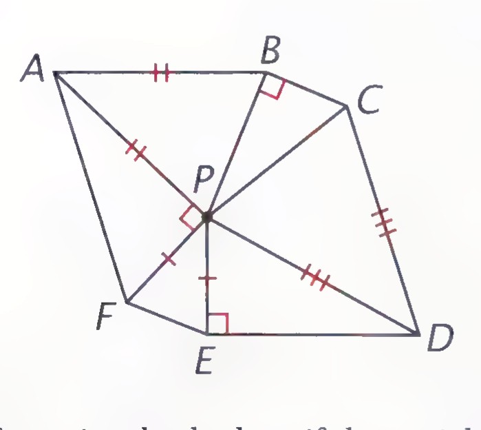 A network of points A, B, C, D, E, F and P with six triangles; matching tick marks and right-angle squares mark the equal sides and right angles.