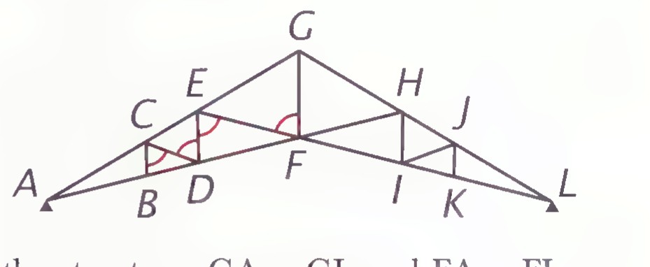 A roof truss: triangle AGL with a horizontal base AL, points B through L along the frame, and short segments marking equal lengths and angles.
