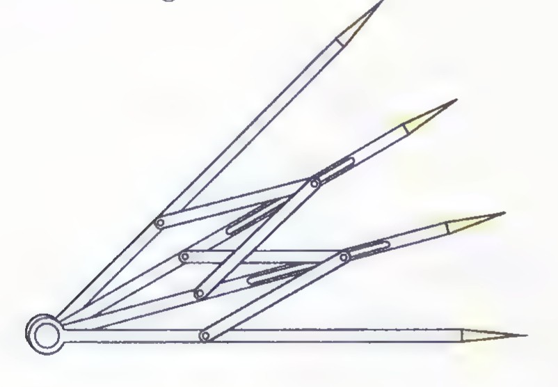 A metal angle-trisector linkage: several rods joined at a pivot, with a pencil clamped at the end of one arm.
