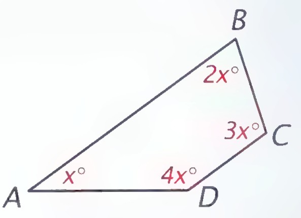 Quadrilateral ABCD with angles marked x°, 2x°, 3x°, and 4x°.