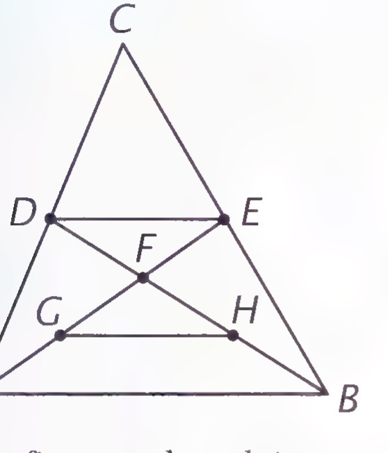 Triangle ABC with D and E the midpoints of AC and BC. Segments AE and BD cross at F; G and H are the midpoints of AF and BF, and GH is drawn.