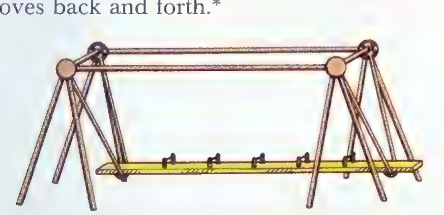 Photograph of a swing with a linkage frame: the seat hangs from a crossed-rod mechanism rather than chains.