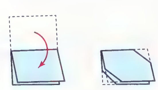 Two diagrams: a rectangular sheet being folded in half, and the folded sheet after two opposite corners are cut off.