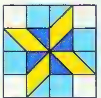 Quilt pattern 121: a square block with a central eight-pointed star in blue and yellow.