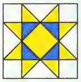 Quilt pattern 122: a square block of blue and yellow triangles forming a star around a yellow center.
