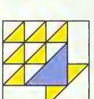 Quilt pattern 123: a square block divided into small blue, yellow, and white triangles.