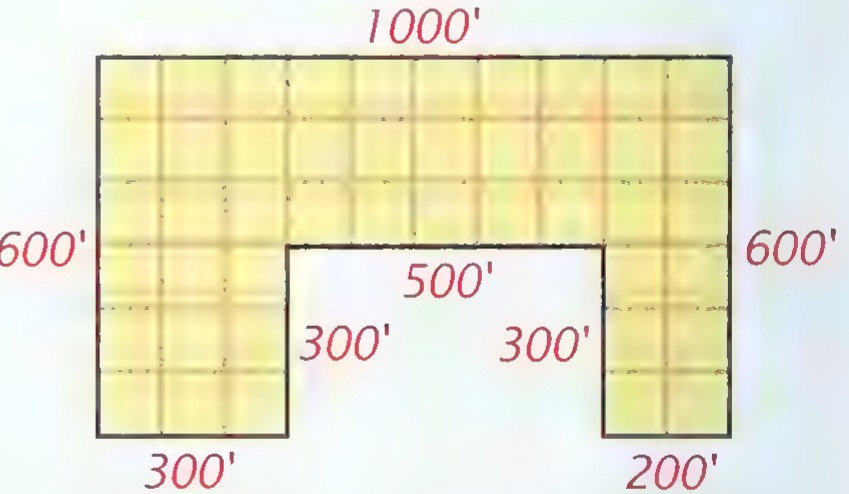 A rectangular lot 1000 feet wide and 600 feet deep with a rectangular notch 500 feet wide and 300 feet deep cut from the middle of its bottom edge, leaving 300 feet and 200 feet at the corners.