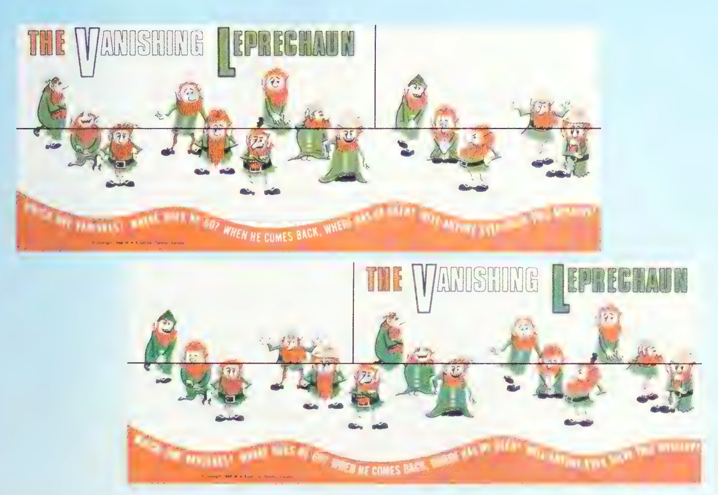 Two strips headed “The Vanishing Leprechaun,” each showing twelve leprechauns standing on a line above an orange banner; in the lower strip the same figures have been rearranged and one leprechaun is missing.