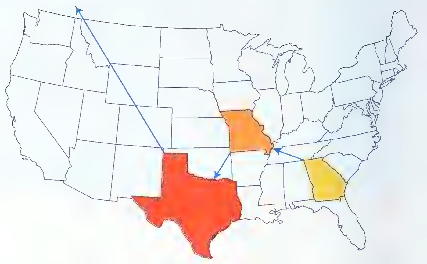 Map of the United States with Texas colored red, Missouri orange, and Georgia yellow, and blue arrows pointing from state to state.