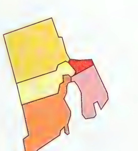 Map of Rhode Island divided into its five counties, each shaded a different color.