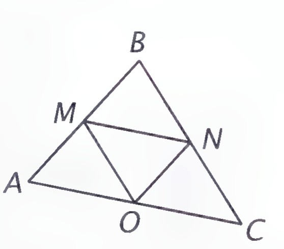 Triangle ABC with the midpoints of its sides labeled M, N, and O and joined to form triangle MNO.