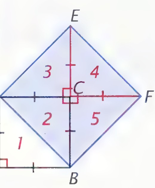 Square ABCD at the lower left of a larger square, with five numbered triangles filling the rest of the larger figure.
