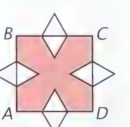 Square ABCD with four congruent triangles attached to its sides, forming a four-pointed star; the region inside the square is shaded.