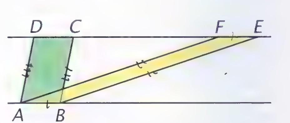 Two parallelograms, ABCD shaded green and ABEF shaded yellow, drawn between two parallel lines.