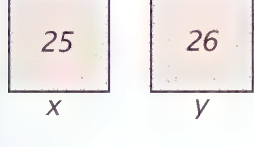Two squares, the first containing the number 25 and labeled x below, the second containing the number 26 and labeled y below.