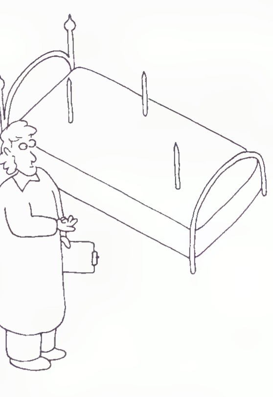 Cartoon of a man in a lab coat holding a hammer and standing beside a bed of nails.