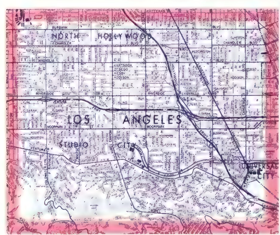 A page from a road atlas showing the street map of Los Angeles, with a pink border around the printed map.
