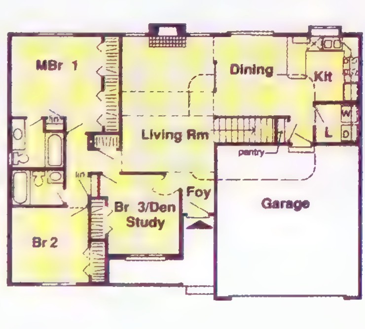 Floor plan of a one-story house, with rooms labeled MBR 1, Br 2, Br 3/Den Study, Living Rm, Dining, Kit, Foy, Garage, and a shaded deck.