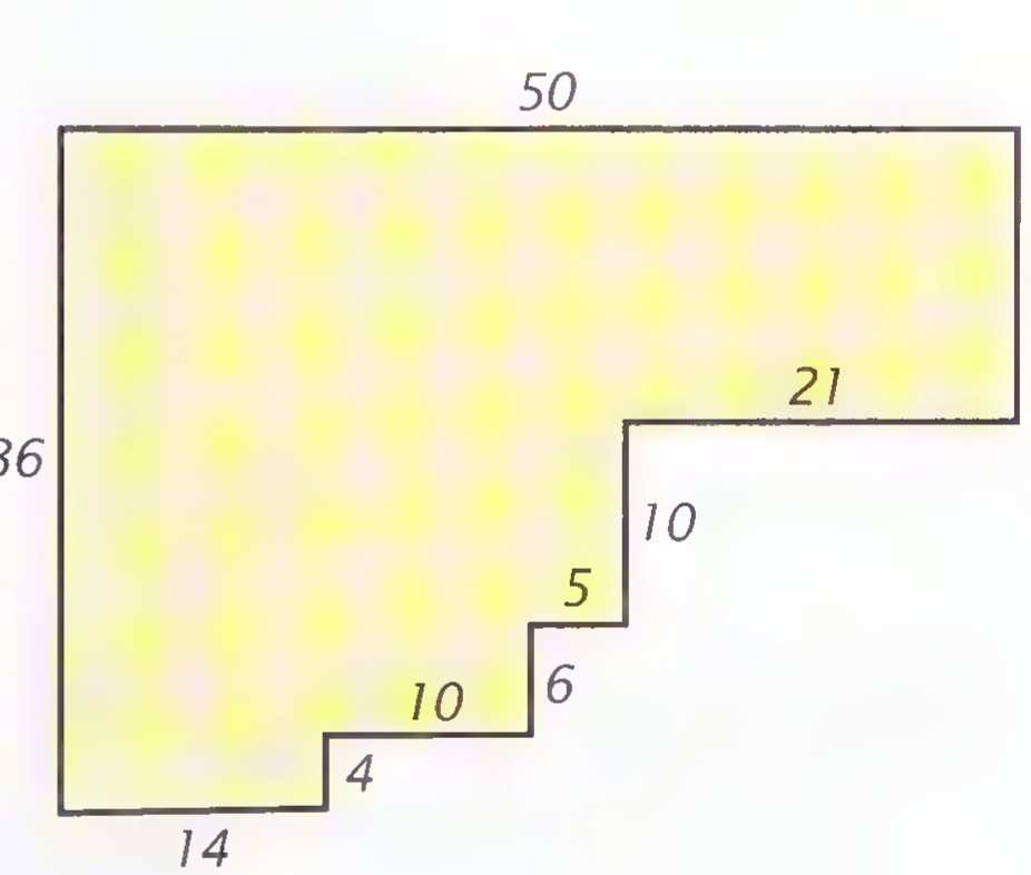 An L-shaped floor area divided into rectangles, with side lengths 50, 36, 21, 16, 10, 10, 5, 6, and 4 labeled.