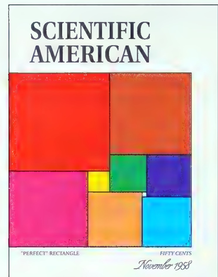 Cover of Scientific American magazine for November 1958, headed “Perfect Rectangle,” showing a large square dissected into nine colored squares.