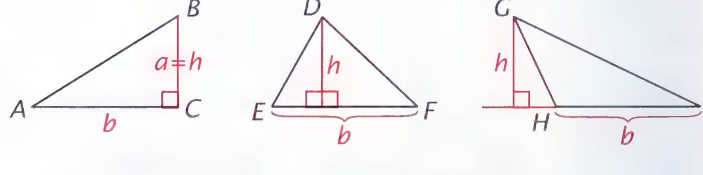 Three triangles with altitudes drawn: at the left the altitude lies on a leg, in the middle inside the triangle, at the right outside the triangle.