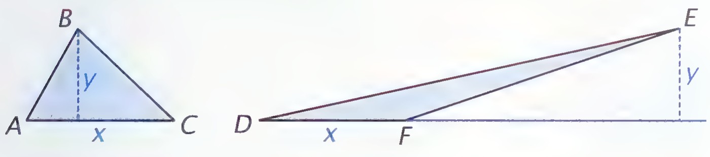 An acute triangle with base x and altitude y beside an obtuse triangle with base x and altitude y.
