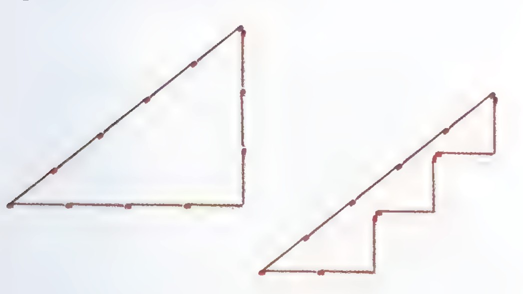 Two figures made of matches: at the left a right triangle, at the right a staircase-shaped figure.