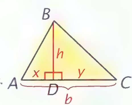 Triangle ABC with altitude h drawn from B to base b, dividing the base into segments x and y.