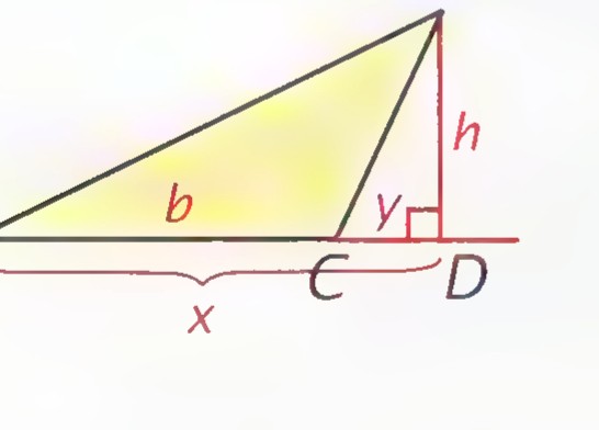 Triangle ABC with side AB extended beyond A, an altitude h drawn from B to the extended base, and segments labeled b, x, and y.