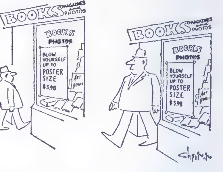 Two panels of a cartoon showing a man walking past a bookstore window; in the second panel the man and the poster in the window are drawn much larger.