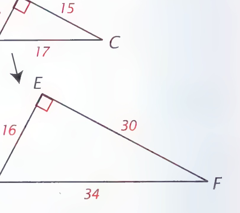 Right triangle ABC with legs 8 and 15 and hypotenuse 17 above a larger triangle DEF with sides 16, 30, and 34.