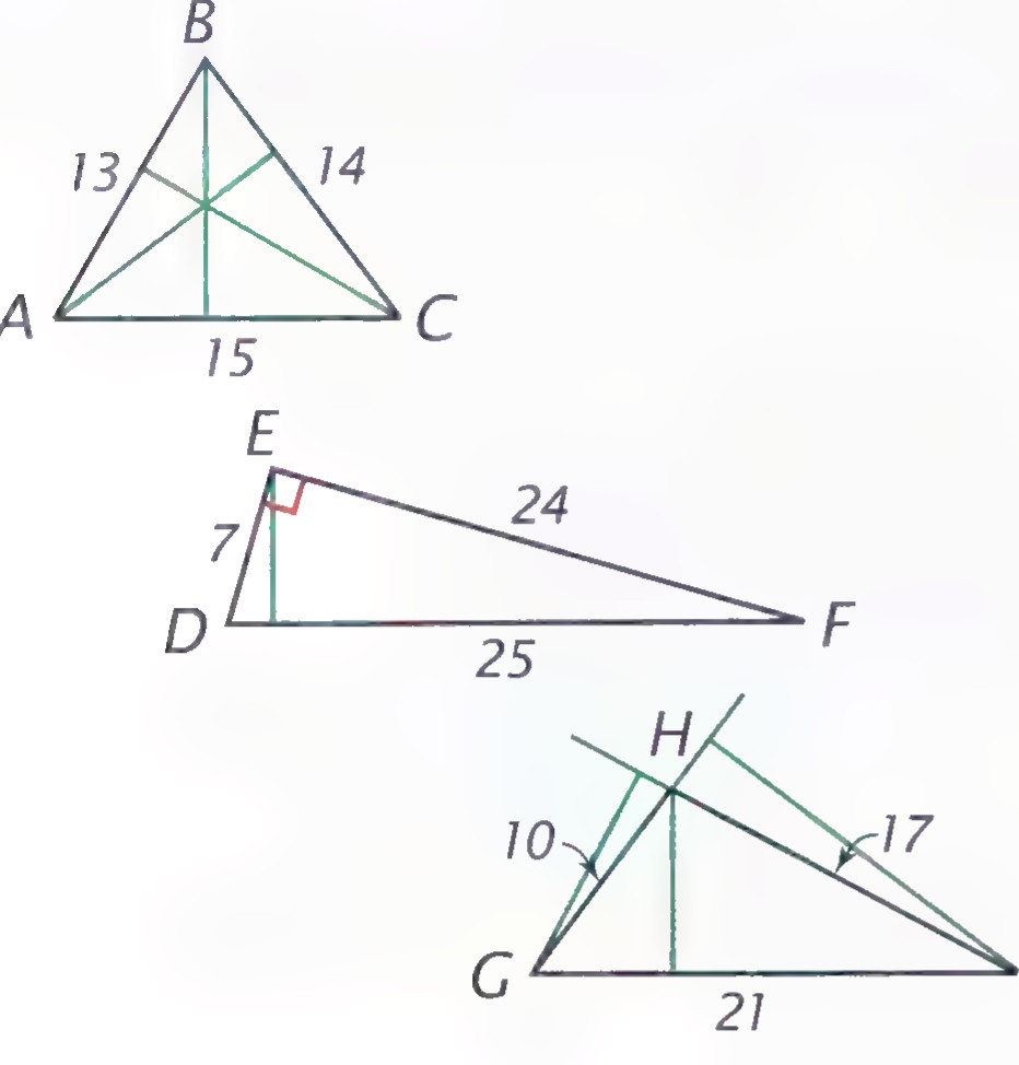 Three triangles: ABC with sides 13, 14, and 15; DEF right triangle with legs 7 and 24 and hypotenuse 25; GHI with sides 10, 17, and 21.