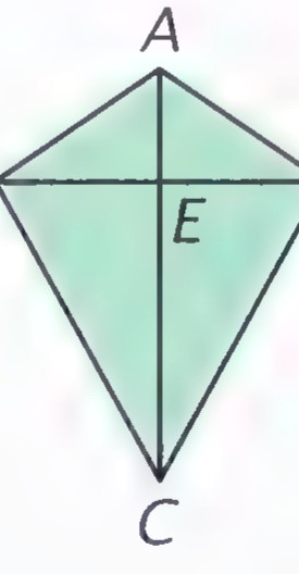 A kite with vertices A, B, C, D and cross pieces AC and BD crossing at E.