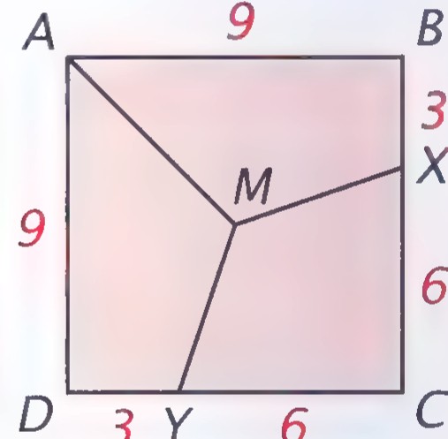 Square ABCD with its center M and three segments drawn from M toward the corners; the top and left sides are marked 9 and the right side is divided into parts marked 3, 6, and 6.