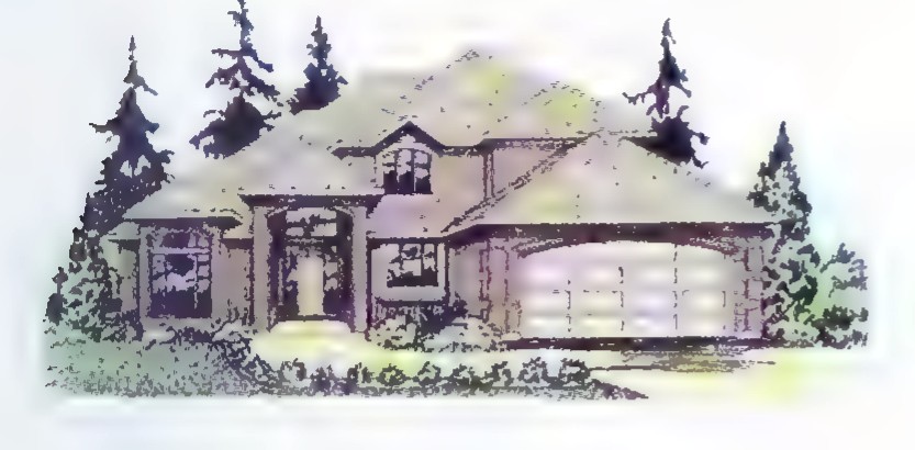Drawing of a shingled house with several gabled roof sections and pine trees around it.